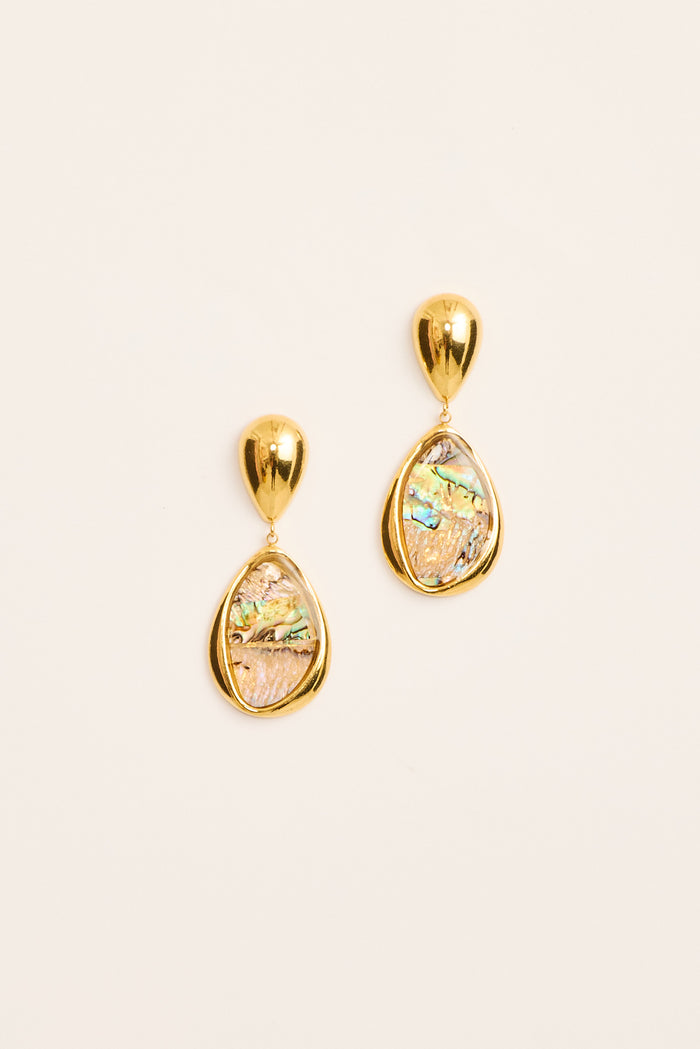 Svetlana Drop Earrings in Gold Teardrop Iridescent Stone flatlay
