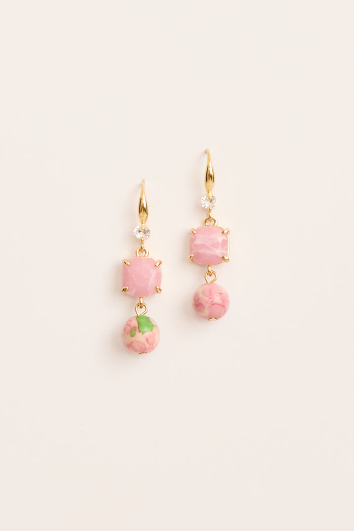 Luna Dangle Earrings in Rose and Lilac Beads flatlay