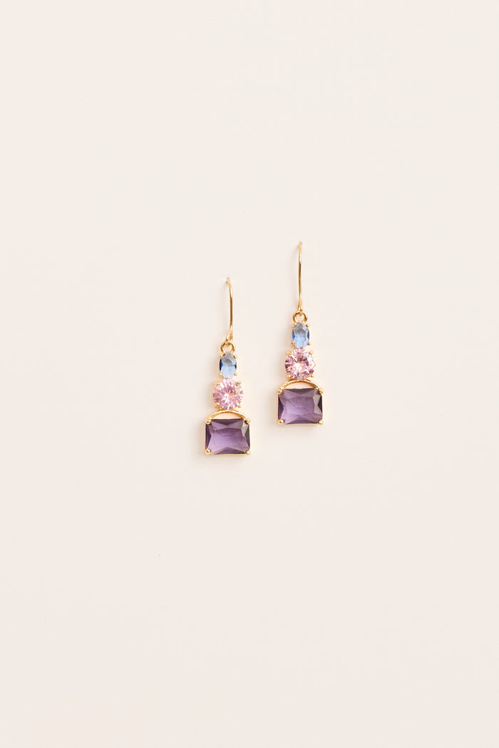 Lilith Drop Earrings in Multi Pink and Purple Rhinestone flatlay