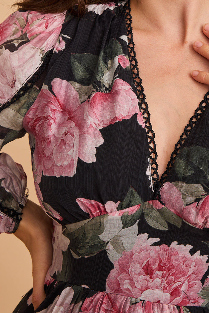 Riverstone Dress in Black with Blush Floral detail