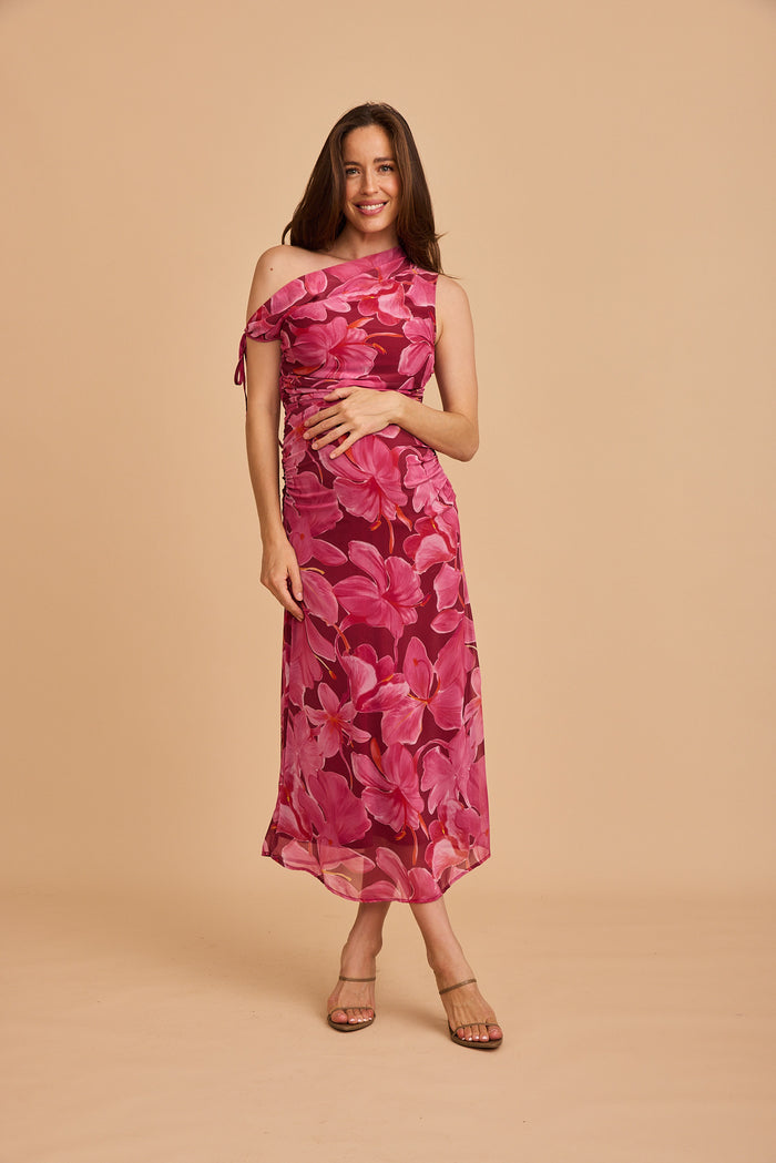 Encounters Off Shoulder Maxi Dress in Pink Floral Chiffon focus full length