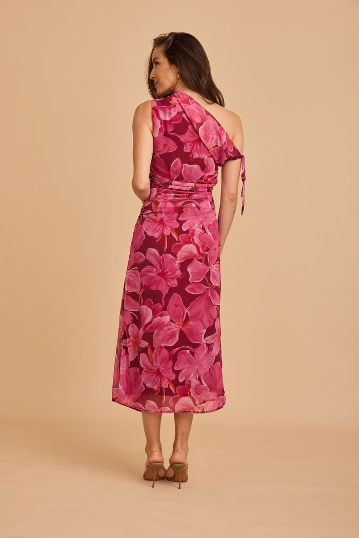 Encounters Off Shoulder Maxi Dress in Pink Floral Chiffon focus back