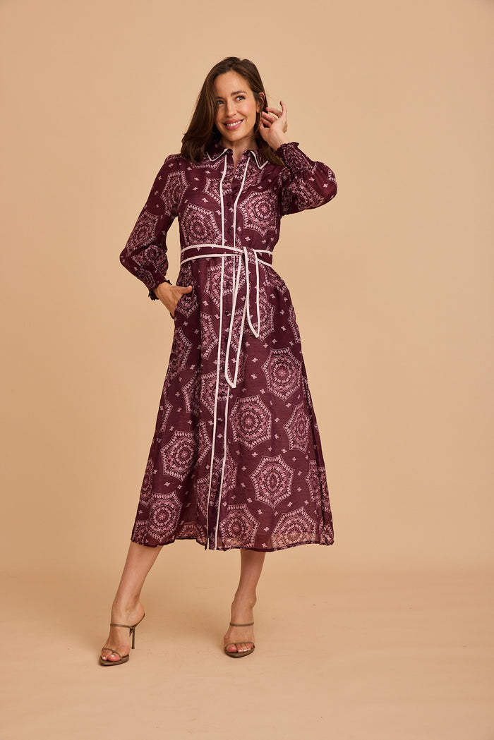 malika maxi dress Malika Maxi Shirt Dress Wine Tile Print Cotton Blend