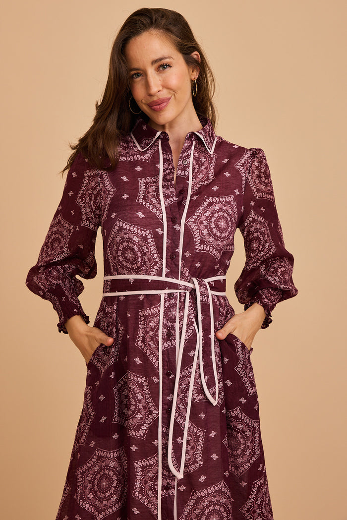 Malika Maxi Shirt Dress in Wine Tile Print Cotton Blend focus front