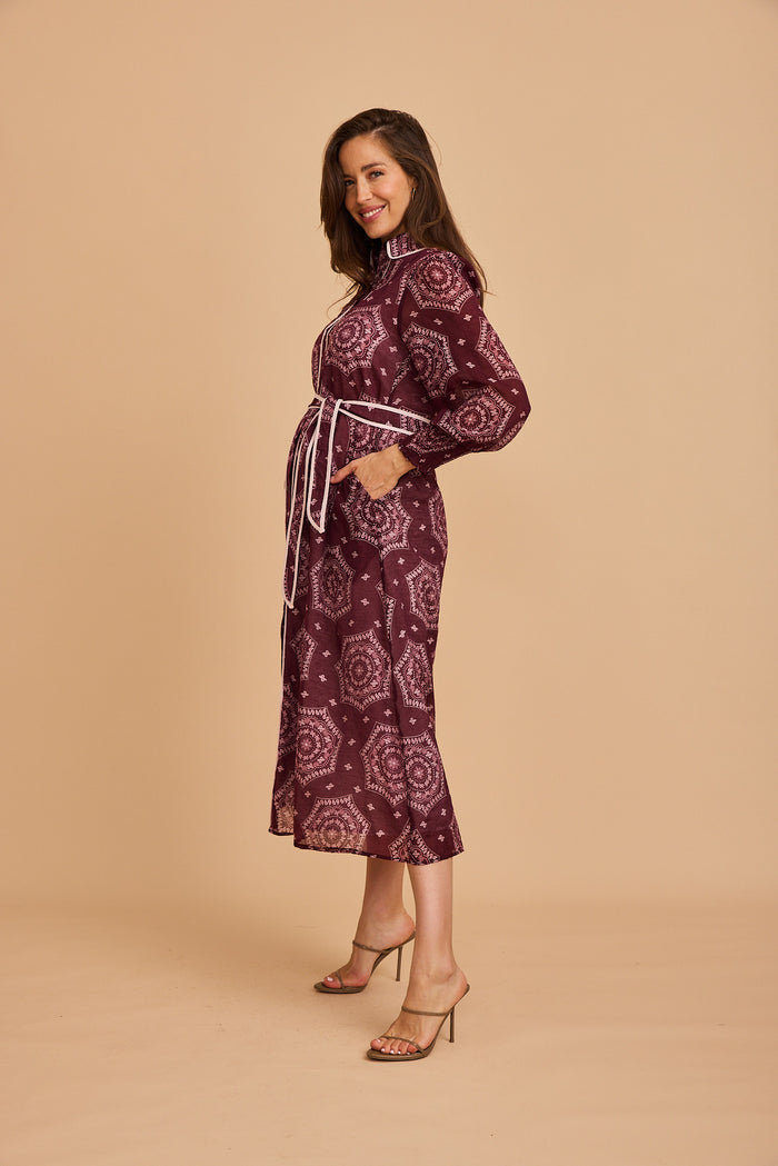 Malika Maxi Shirt Dress in Wine Tile Print Cotton Blend focus side