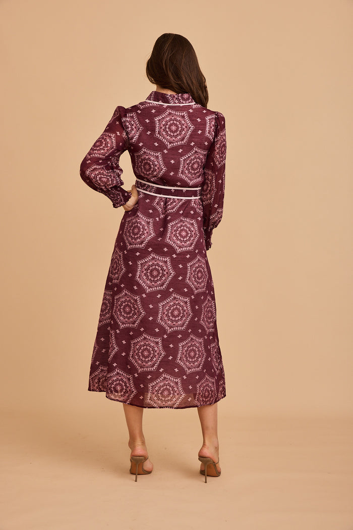 Malika Maxi Shirt Dress in Wine Tile Print Cotton Blend focus back
