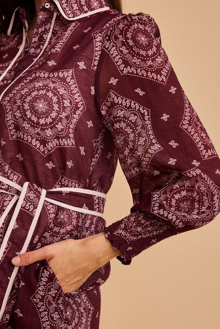 Malika Maxi Shirt Dress in Wine Tile Print Cotton Blend detail