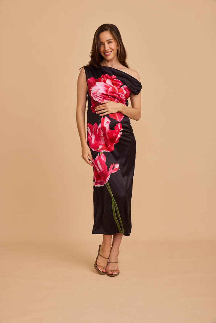 Moon Lily One Shoulder Maxi Dress in Black with Pink Flower Satin full length