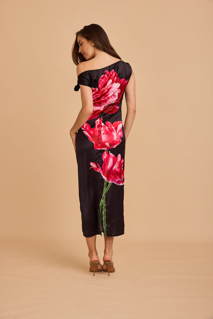 Moon Lily One Shoulder Maxi Dress in Black with Pink Flower Satin back