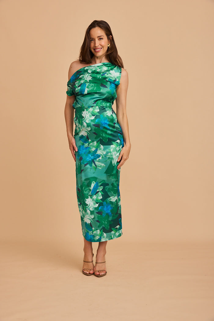Moon Lily One Shoulder Maxi Dress in Emerald Floral Satin