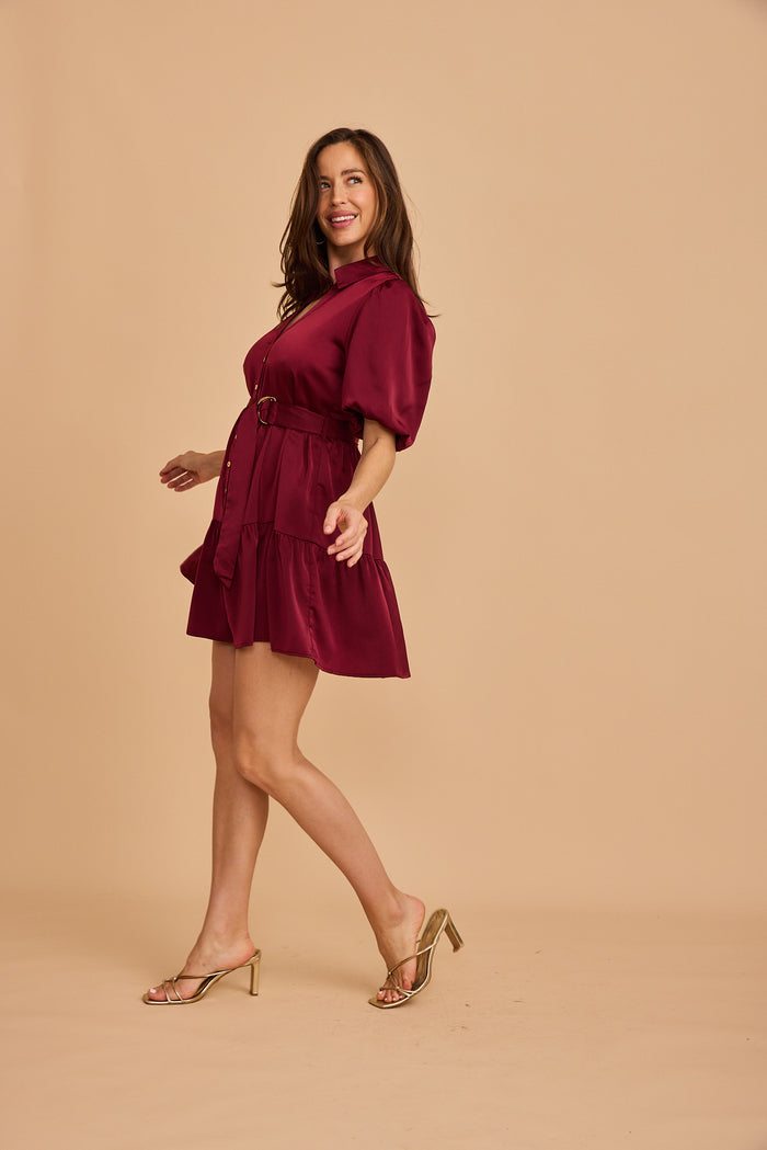 Evening Shine Shirt Dress in Wine Satin focus side