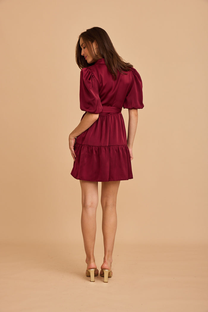 Evening Shine Shirt Dress in Wine Satin focus back