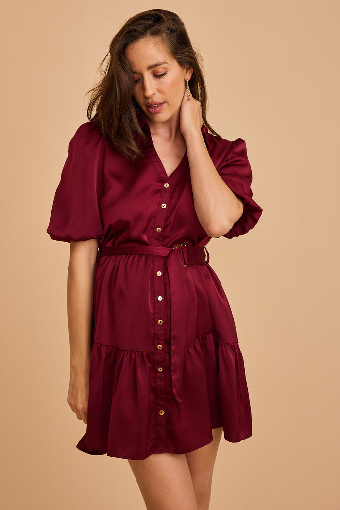 Evening Shine Shirt Dress in Wine Satin focus front