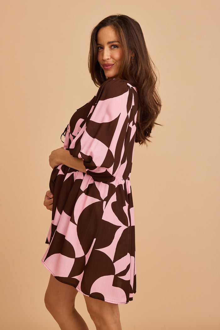 Hello Pretty Smock Dress in Pink with Chocolate Geometric focus side