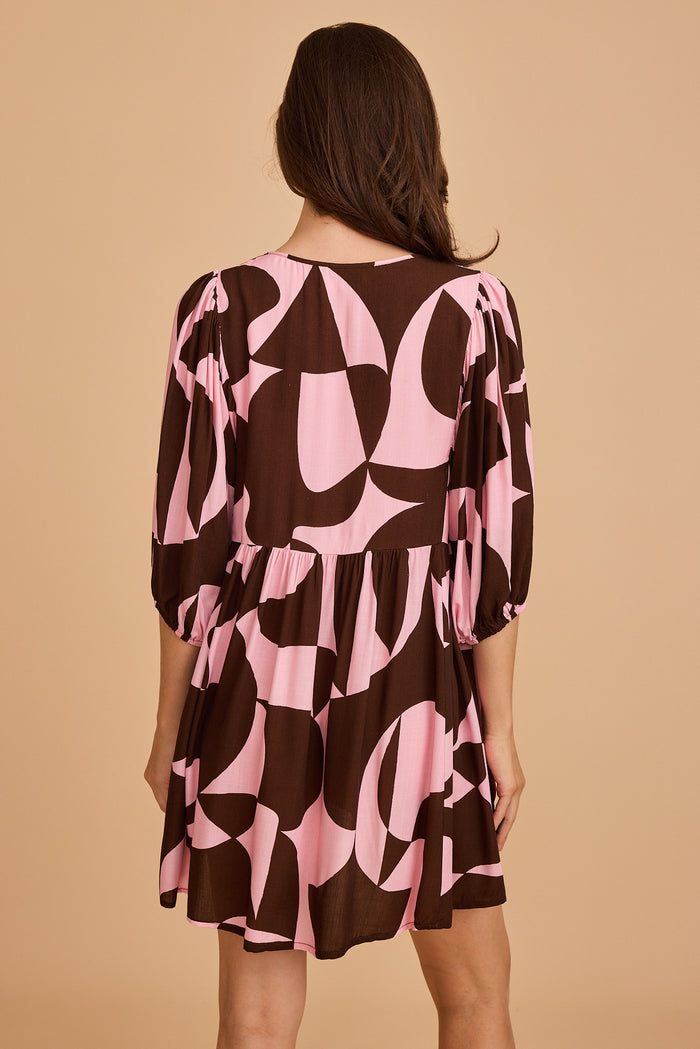 Hello Pretty Smock Dress in Pink with Chocolate Geometric focus back
