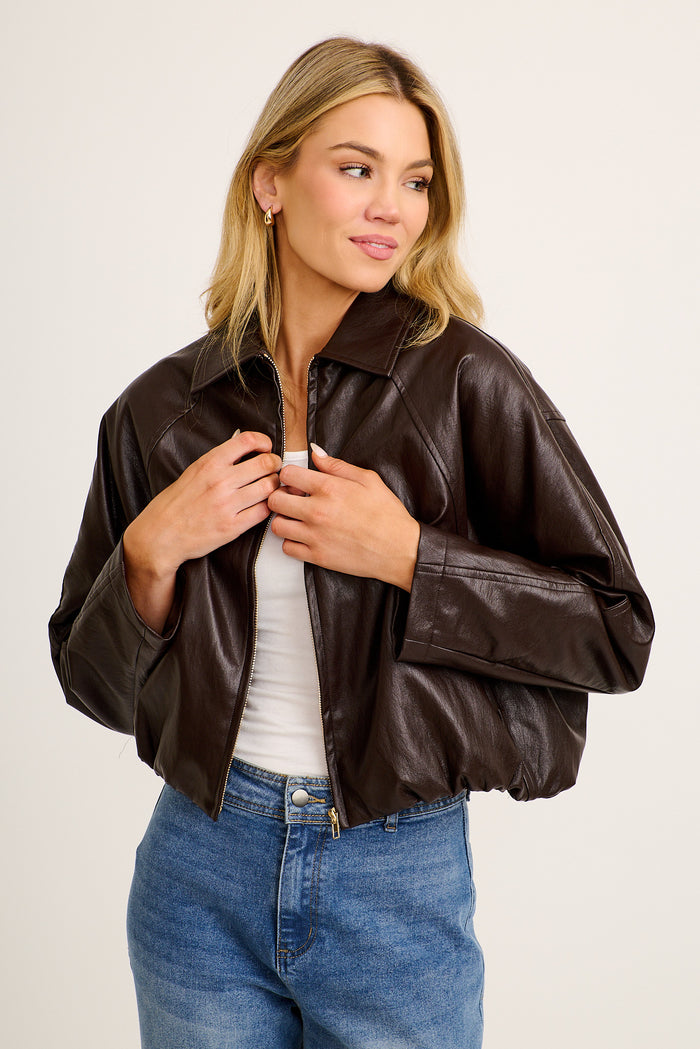 Kenya Bomber Jacket in Chocolate Leatherette front