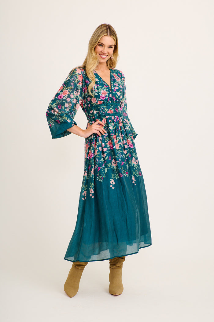 Soft Shades Maxi Dress in Emerald Floral full length