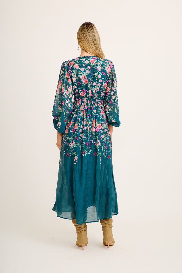 Soft Shades Maxi Dress in Emerald Floral back