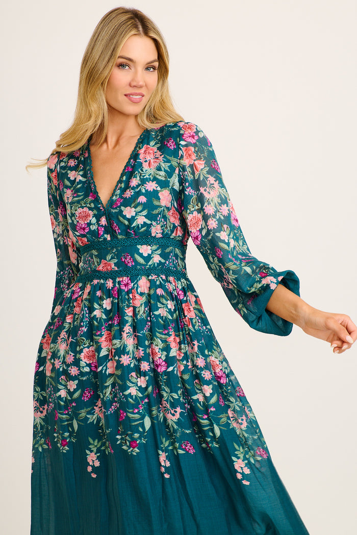 Soft Shades Maxi Dress in Emerald Floral front