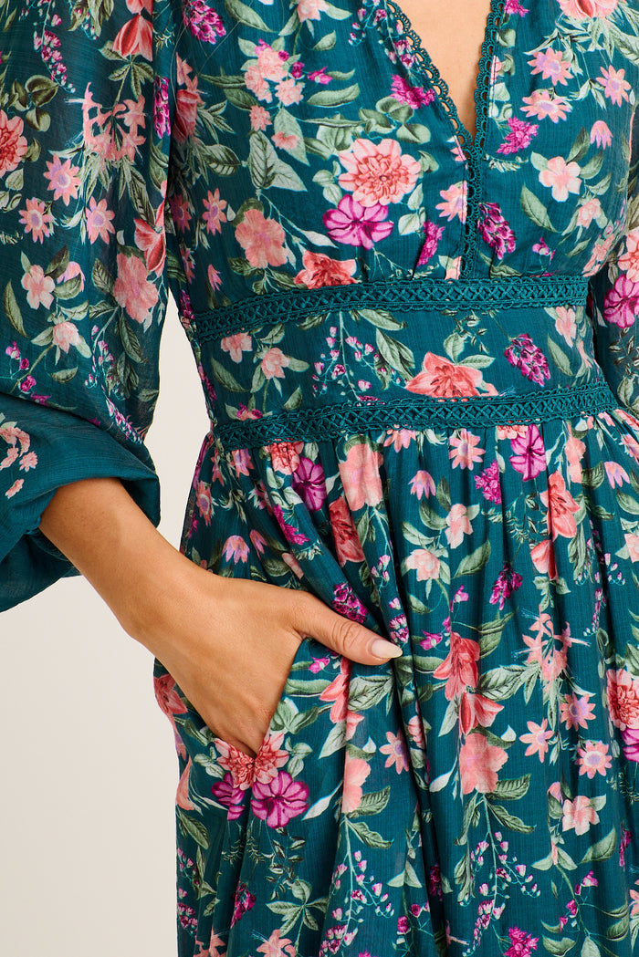 Soft Shades Maxi Dress in Emerald Floral detail