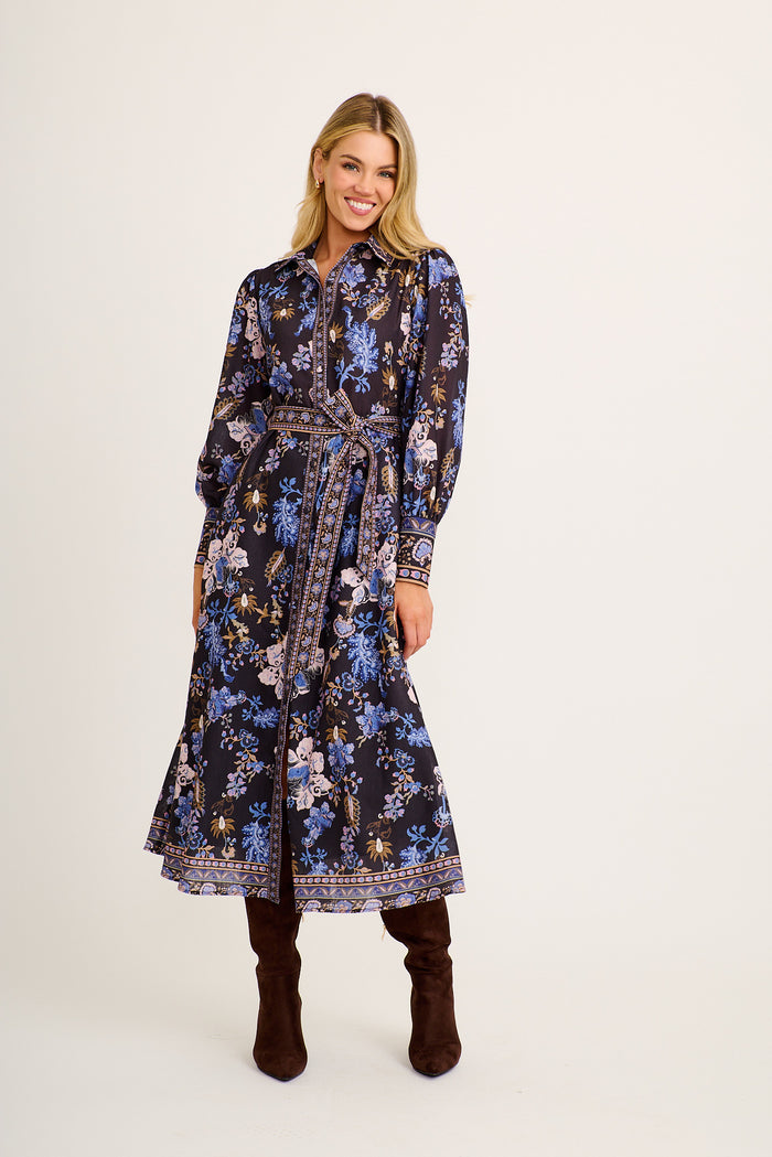 Constanza Maxi Shirt Dress in Multi Navy Print Linen Blend full length