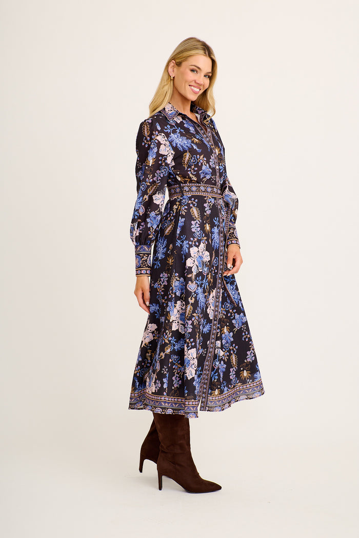 Constanza Maxi Shirt Dress in Multi Navy Print Linen Blend side