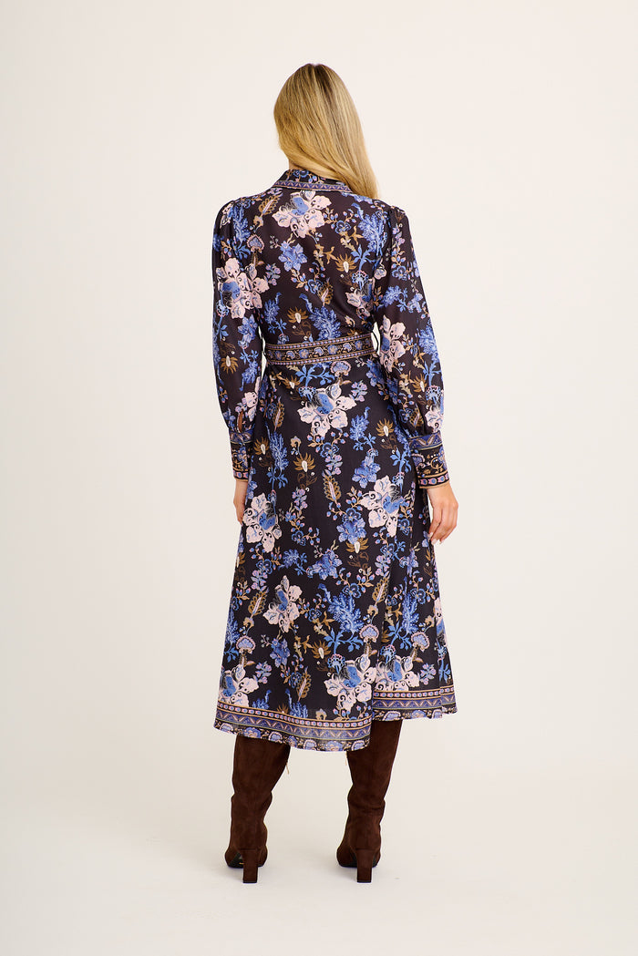Constanza Maxi Shirt Dress in Multi Navy Print Linen Blend back