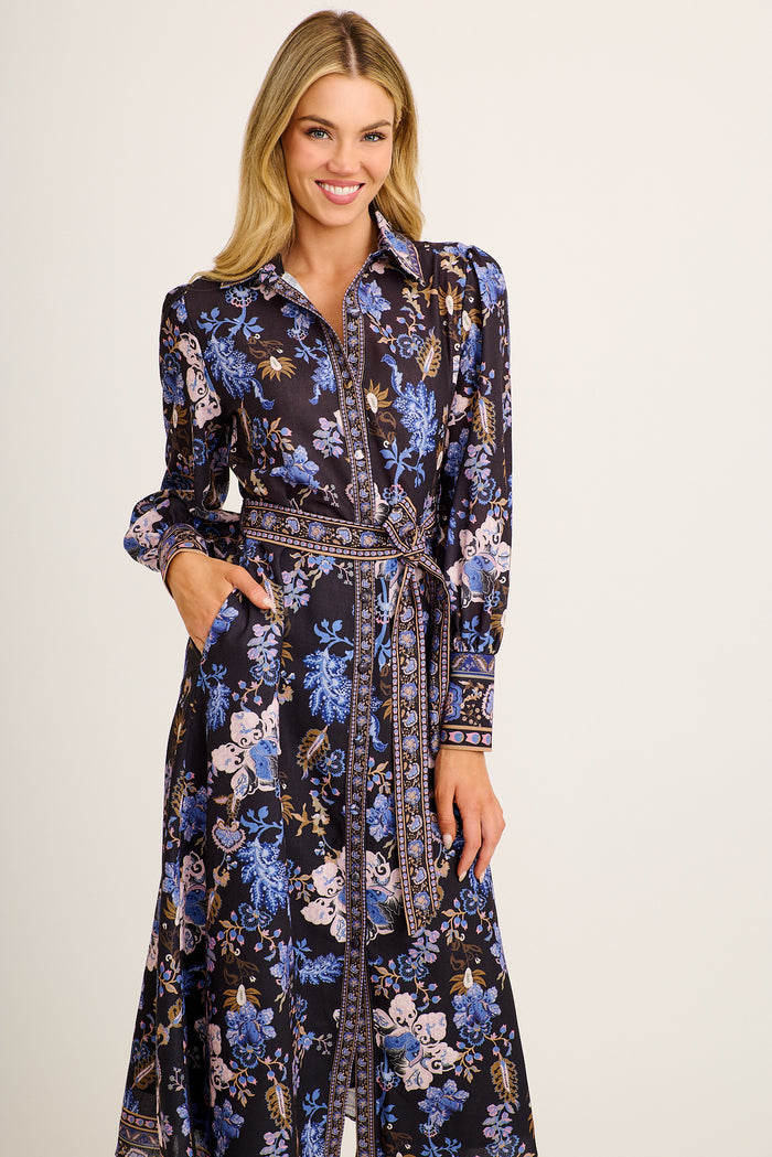 Constanza Maxi Shirt Dress in Multi Navy Print Linen Blend front