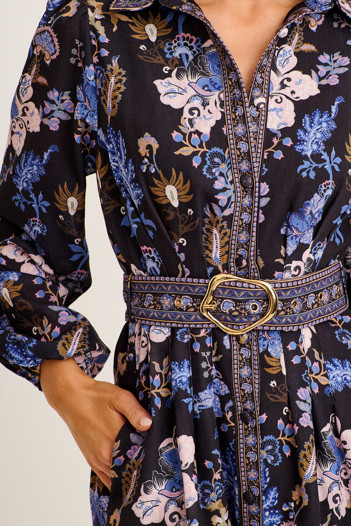 Esperanza Shirt Dress in Multi Navy Print Linen Blend detail