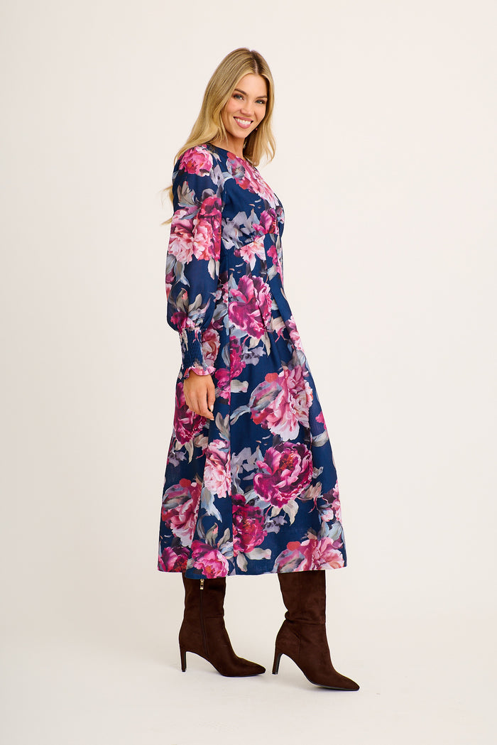 Versa Maxi Dress in Navy with Pink Floral Linen Blend side