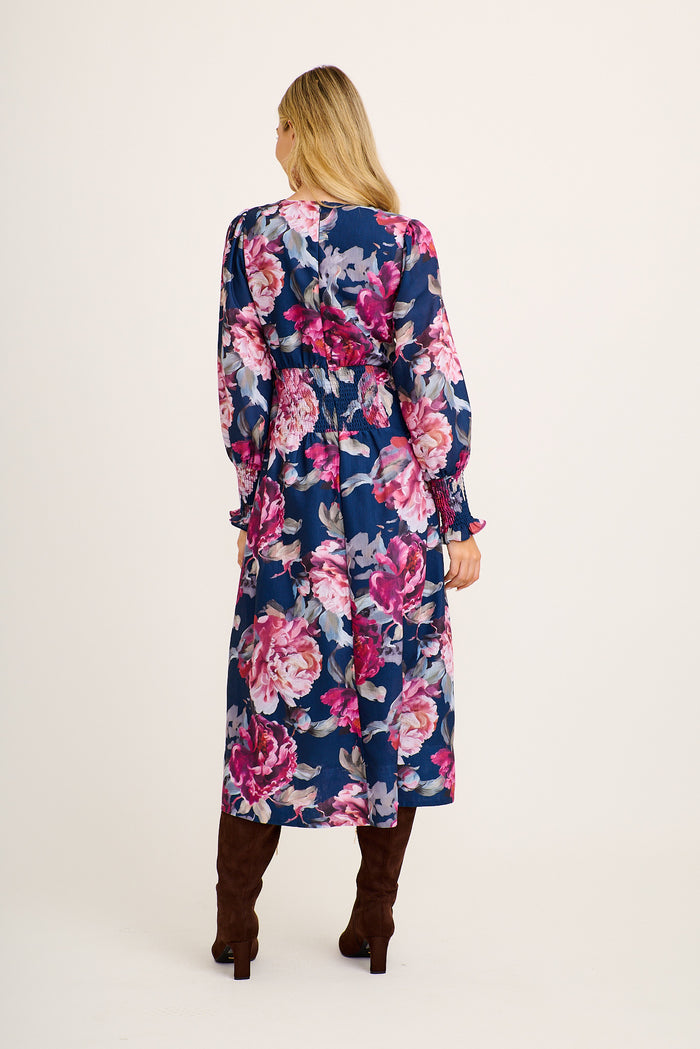 Versa Maxi Dress in Navy with Pink Floral Linen Blend back