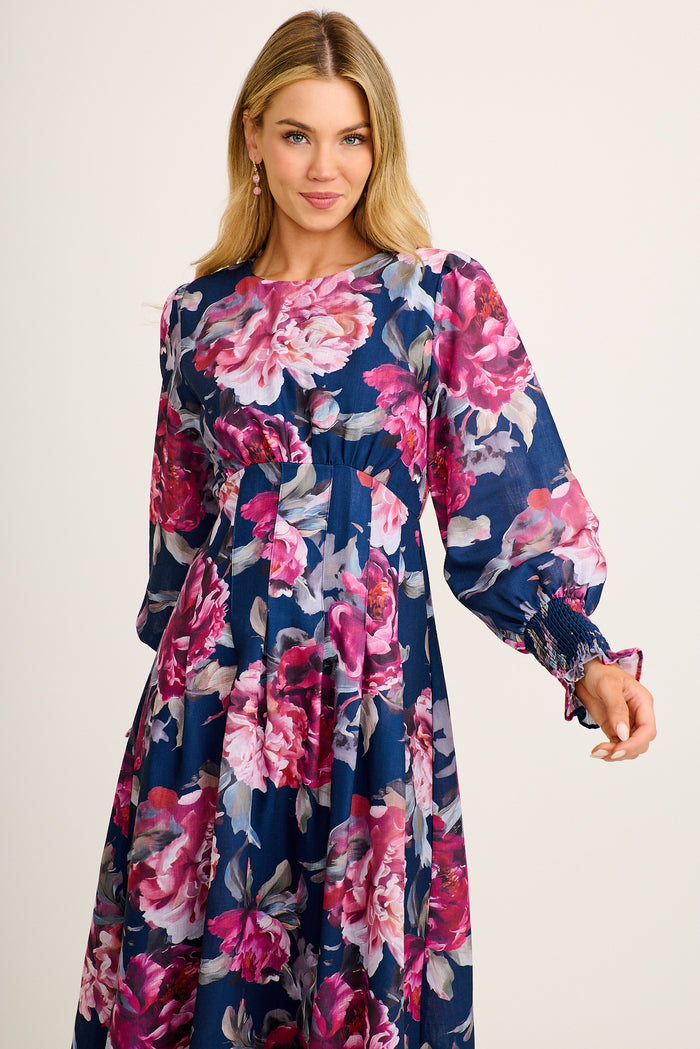 Versa Maxi Dress in Navy with Pink Floral Linen Blend front