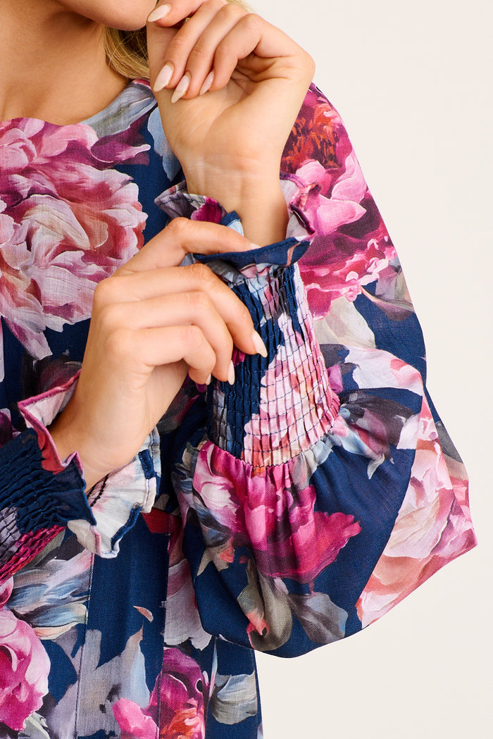 Versa Maxi Dress in Navy with Pink Floral Linen Blend detail