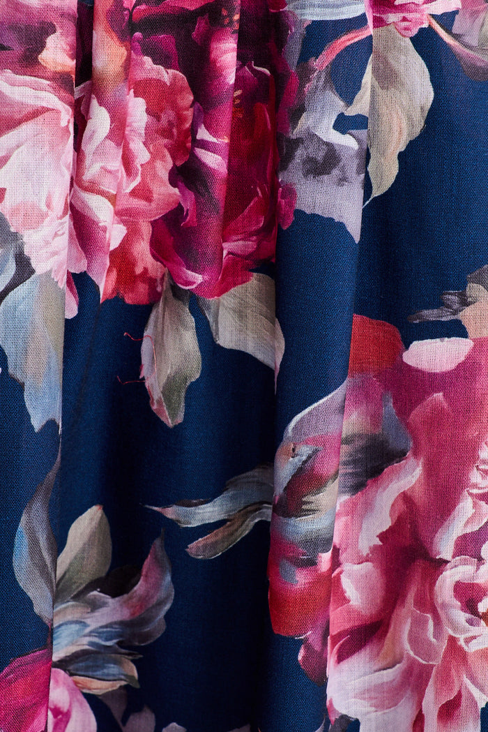 Versa Maxi Dress in Navy with Pink Floral Linen Blend fabric