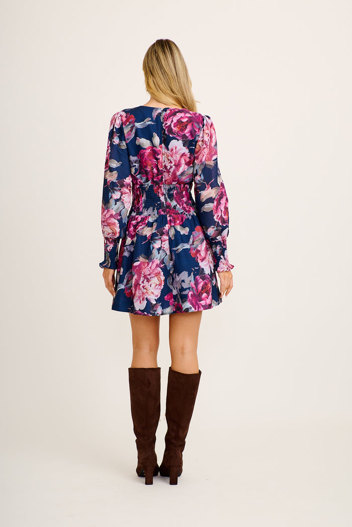 Shay Dress in Navy with Pink Floral Linen Blend back
