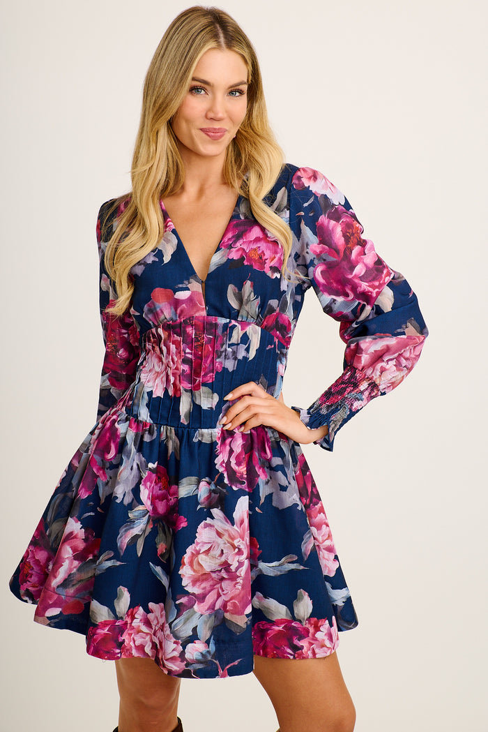 Shay Dress in Navy with Pink Floral Linen Blend front