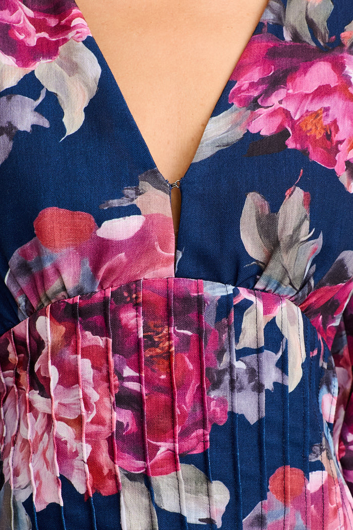 Shay Dress in Navy with Pink Floral Linen Blend detail