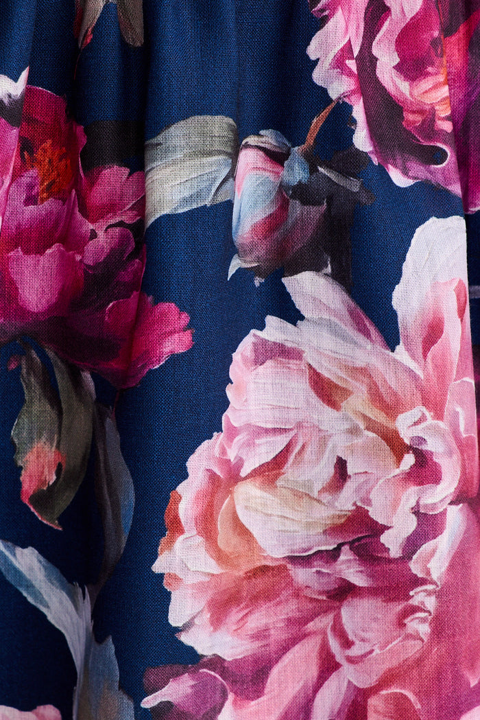 Shay Dress in Navy with Pink Floral Linen Blend fabric