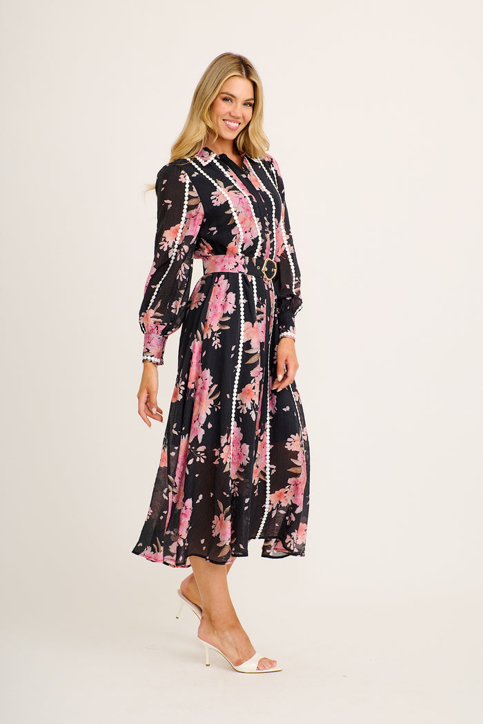 Easton Midi Shirt Dress in Black with Pink Floral side