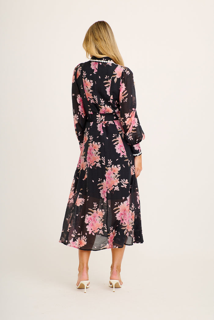 Easton Midi Shirt Dress in Black with Pink Floral back