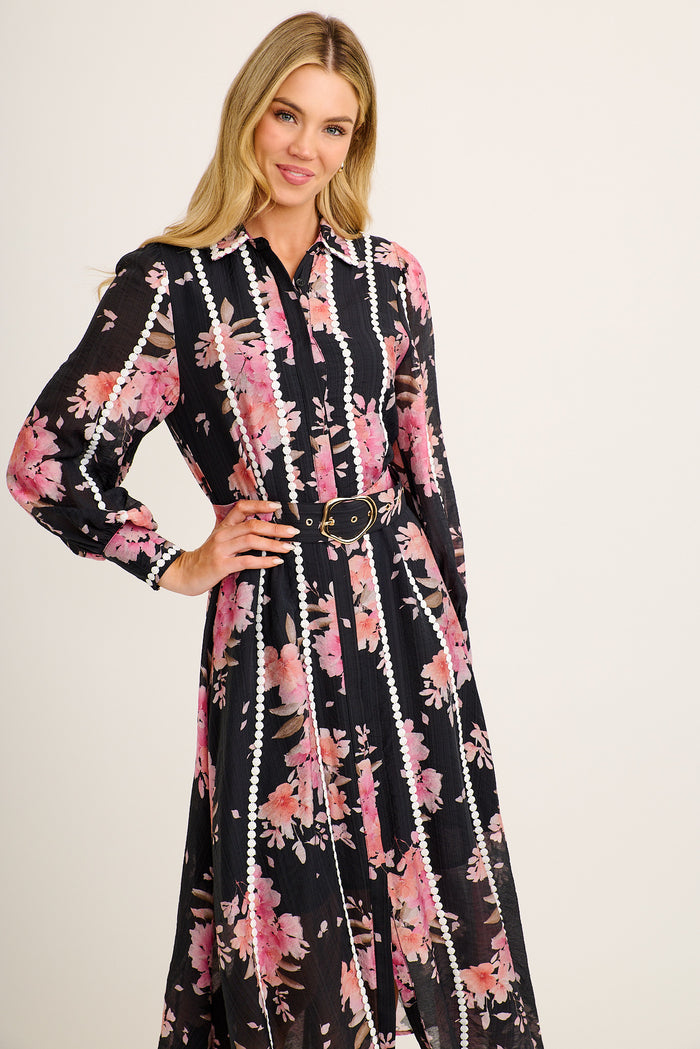 Easton Midi Shirt Dress in Black with Pink Floral front