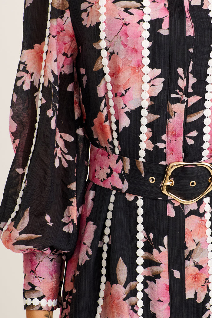 Easton Midi Shirt Dress in Black with Pink Floral detail