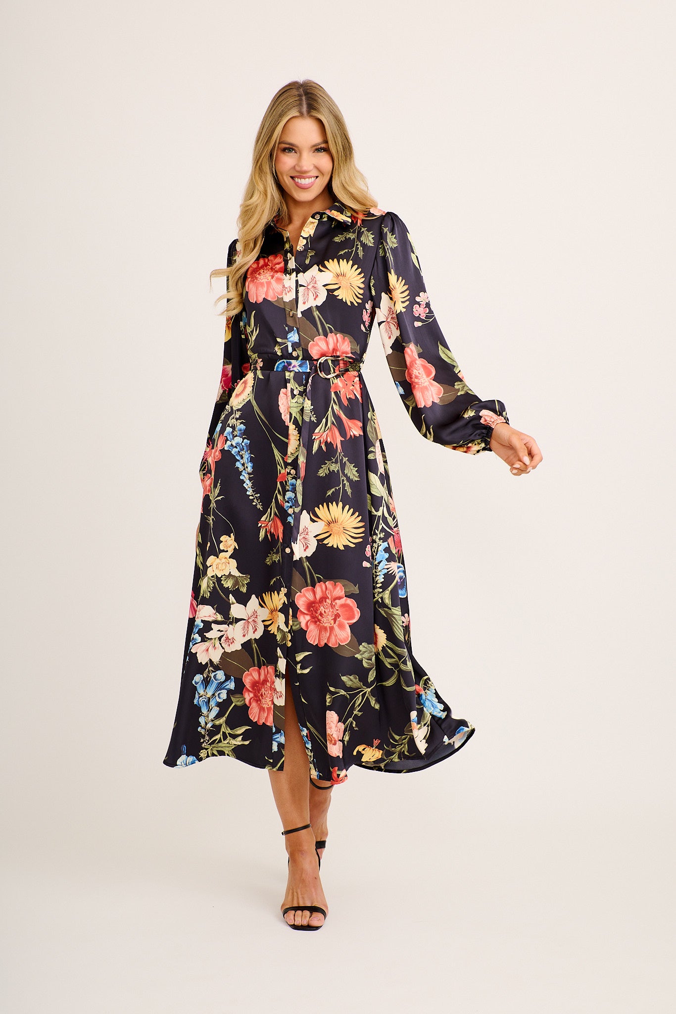 Hacienda Maxi Shirt Dress in Black with Multi Floral Satin