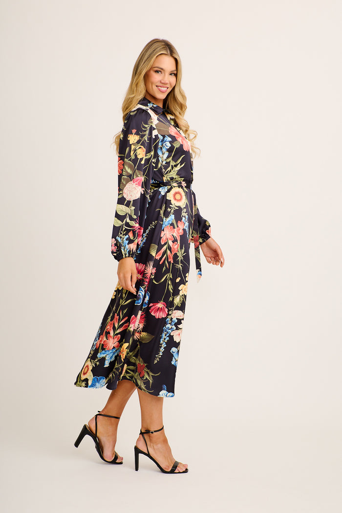 Hacienda Maxi Shirt Dress in Black with Multi Floral Satin side