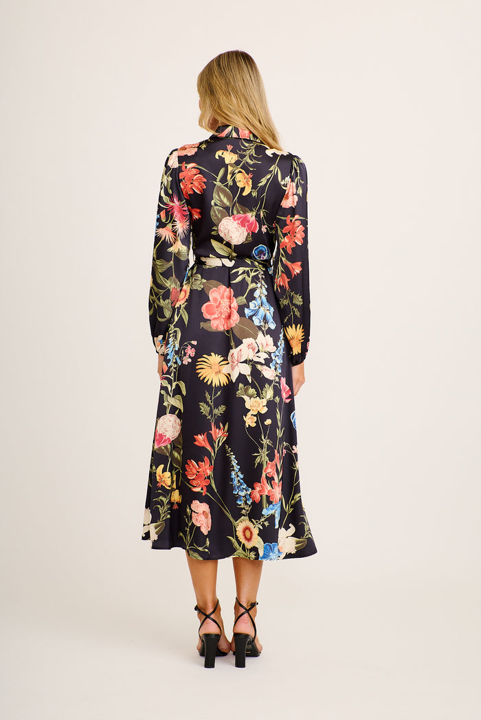 Hacienda Maxi Shirt Dress in Black with Multi Floral Satin back