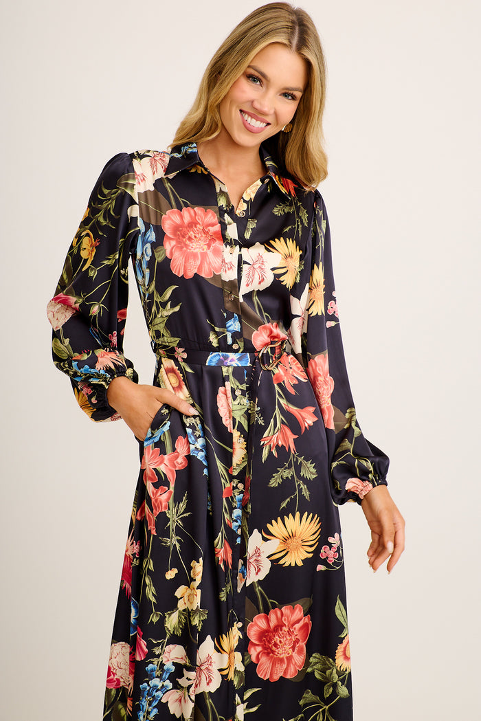 Hacienda Maxi Shirt Dress in Black with Multi Floral Satin front