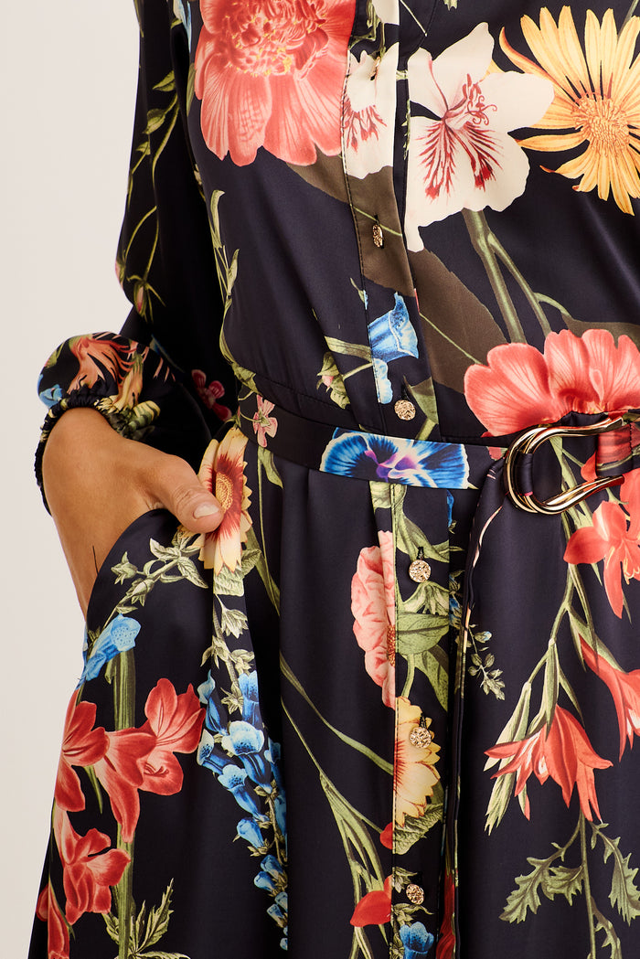 Hacienda Maxi Shirt Dress in Black with Multi Floral Satin detail