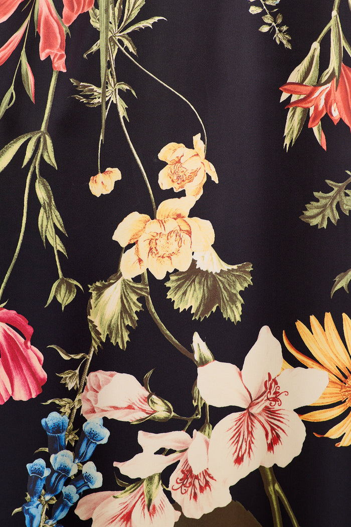 Hacienda Maxi Shirt Dress in Black with Multi Floral Satin fabric
