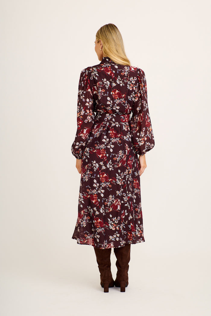 Wendy Maxi Shirt Dress in Wine Floral back