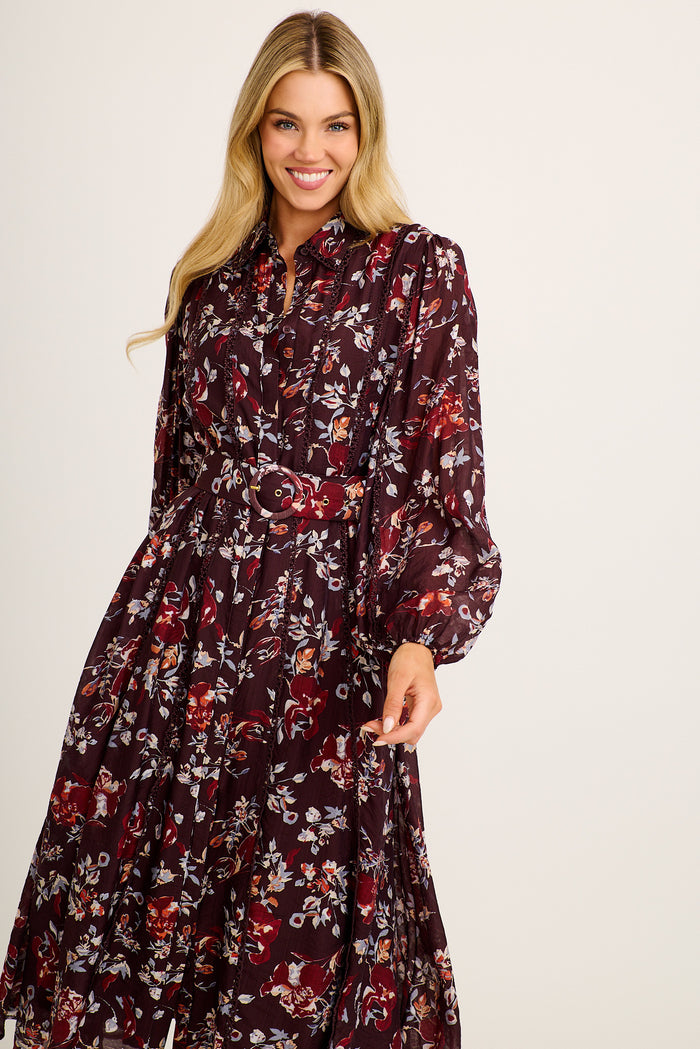 Wendy Maxi Shirt Dress in Wine Floral front
